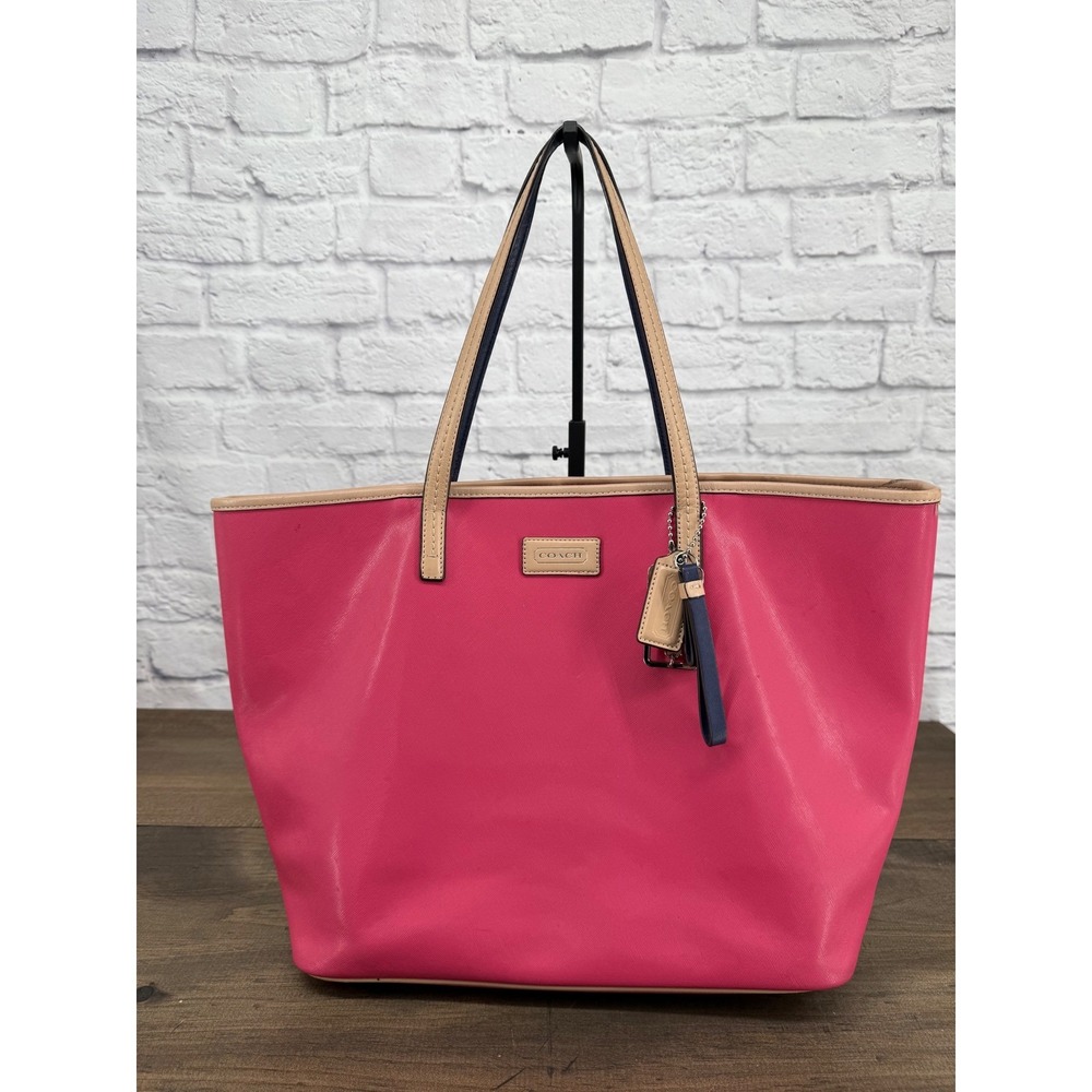 Coach Park Metro Pomegranate Pink Saffiano Leather Tote Bag Purse Logo Charm - Picture 2 of 16